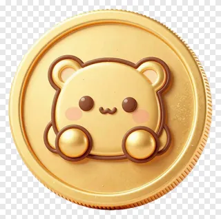 A golden coin with a cute bear face and button hands.