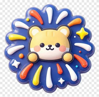 A cute bear character in a blue firework explosion.