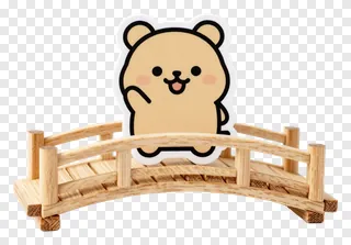 A cartoon bear standing on a small wooden bridge.