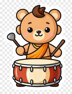 A cartoon bear playing a drum with drumsticks.