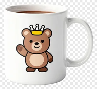 White mug with cartoon bear wearing crown and waving.