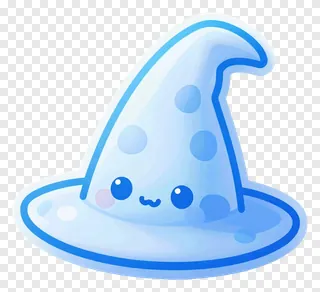 A cute blue witch hat with polka dots and a smiling face.