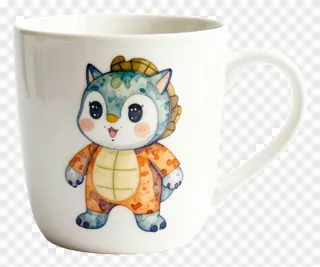 White ceramic mug with a cartoon turtle design.
