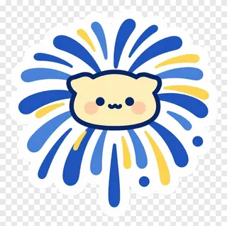 A cute cartoon cat in a blue and gold firework explosion.