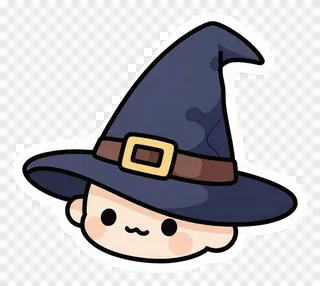 A cute cartoon character wearing a dark blue witch hat.