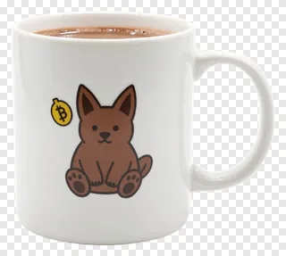 White mug with cartoon dog and Bitcoin symbol.