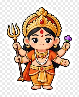 Cartoon goddess Durga holding a trishul and a lotus.