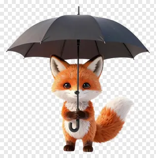 A cute cartoon fox holding a black umbrella.