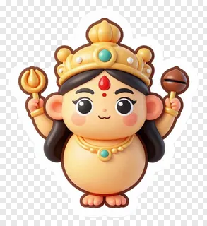 Cute cartoon Durga holding trishul and bell.