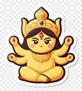 A cute cartoon Durga with eight arms and a golden crown.