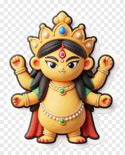 A cartoonish golden Durga with eight arms and raised fists.