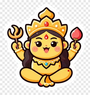 A cute cartoon goddess Durga holding a trishul and a lotus.