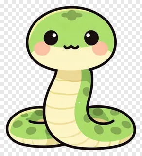 A cute green cartoon snake with big eyes and a smiling face.