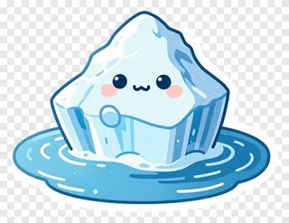 A cute cartoon iceberg with a smiling face floating in water.