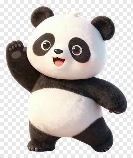 A cute cartoon panda waving with a white tuft on its head.