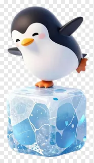 A cute cartoon penguin balancing on a blue ice block.