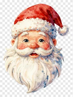 Watercolor illustration of Santa Claus face with red hat.