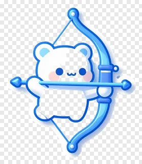 A cute white bear holding a blue bow and arrow.