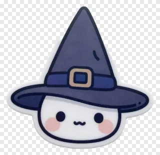 A cute white cartoon character wearing a dark blue witch hat.