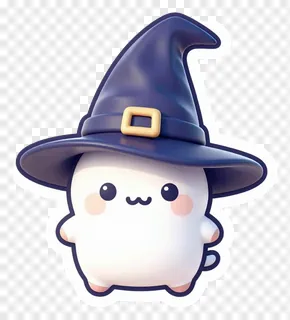 A cute white cartoon character wearing a witch hat.