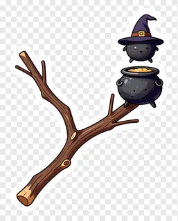 A cute cartoon witch's hat sitting above a cauldron on a wooden branch.