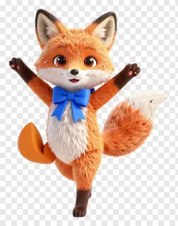 A dancing cartoon fox wearing a blue bow.