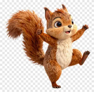 A cartoon squirrel dancing with raised arms and a happy expression.