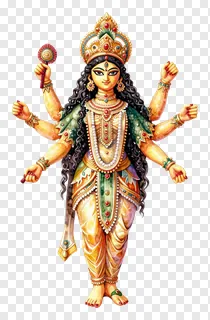 Multi-armed goddess Durga holding a spiral-staffed weapon.