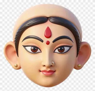 A 3D rendered face of Durga Maa with traditional Indian markings.