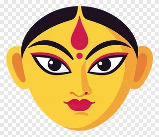 Cartoon illustration of Durga Maa's face with distinctively colored ears.
