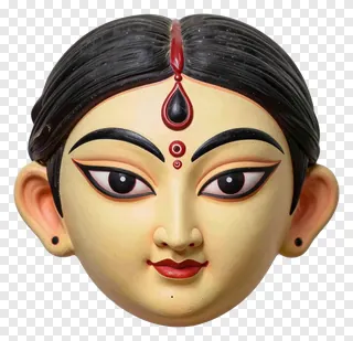 Face of Durga Maa with red bindi and black hair.