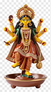 Statue of Durga with multiple arms and ornate jewelry.