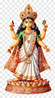 Durga goddess statue in green and red clothing.