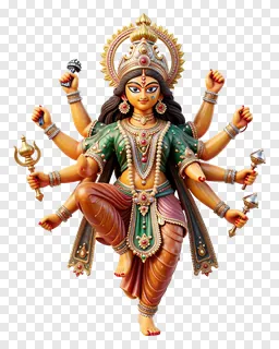 Goddess Durga statue wearing green clothes and golden ornaments.