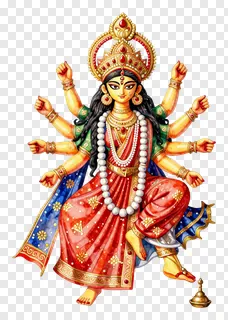 Goddess Durga with eight arms and a red crown.