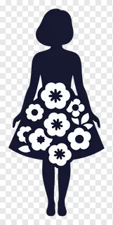 A female silhouette wearing a dress with white floral patterns.