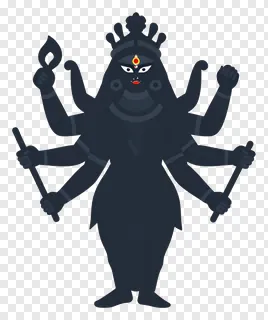 Black Durga with eight arms holding weapons.