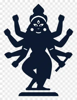 Stylized dark blue statue of Goddess Durga wielding a trident.