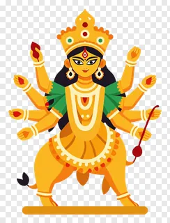 Golden goddess Durga with eight arms holding weapons.