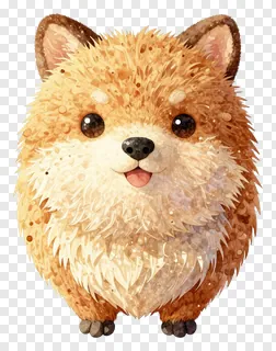 A fluffy tan cartoon animal character with big eyes and a happy expression.