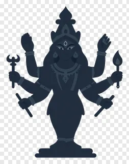 Black goddess Durga with eight arms holding weapons.