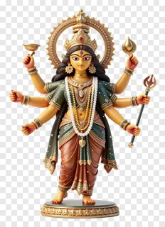Statue of Goddess Durga with eight hands holding various items.