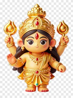 Cute golden Durga figure with four arms holding torches.