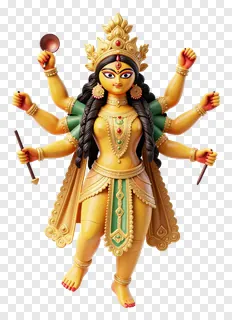 Golden Durga statue holding a trishul with raised hand.