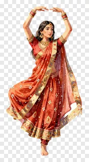 A woman in a red lehenga dancing with raised arms.