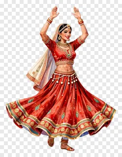 A woman dancing Garba in a red lehenga with arms raised.