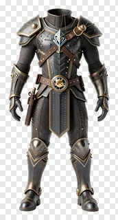 Fantasy character in full-body dark armor with gold trim.