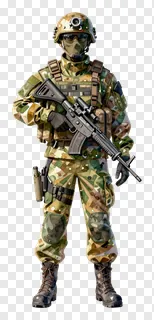 Soldier character with weapon and tactical gear.