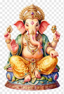 A decorated Ganesha idol with jewelry and raised hands.