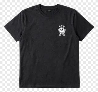 Black t-shirt with a white cartoon gangster character on the chest.